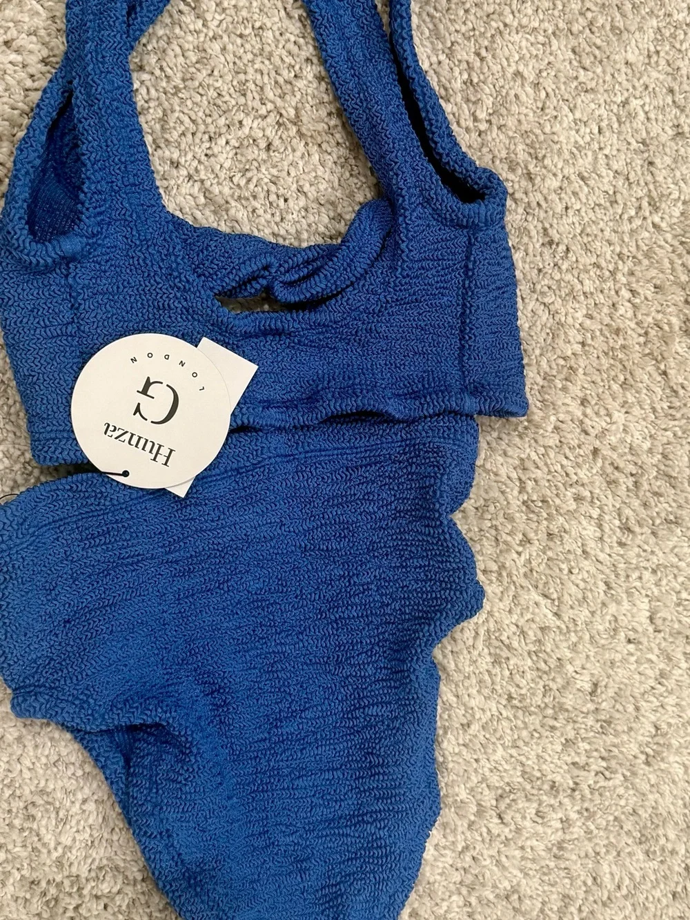 New Hunza G Jamie Textured High-Waisted Bikini in Blue Metallic Denim $456 MSRP